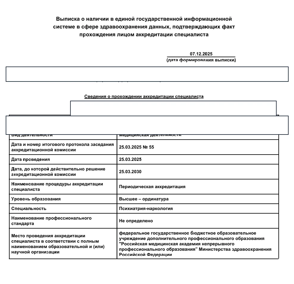Редактированная копия выписки из ЕГИСЗ о периодической аккредитации специалиста по психиатрии-наркологии